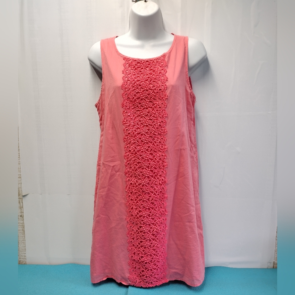 J Crew Coral Crochet Lace Front Tunic Shift Mini Dress Lined Size S